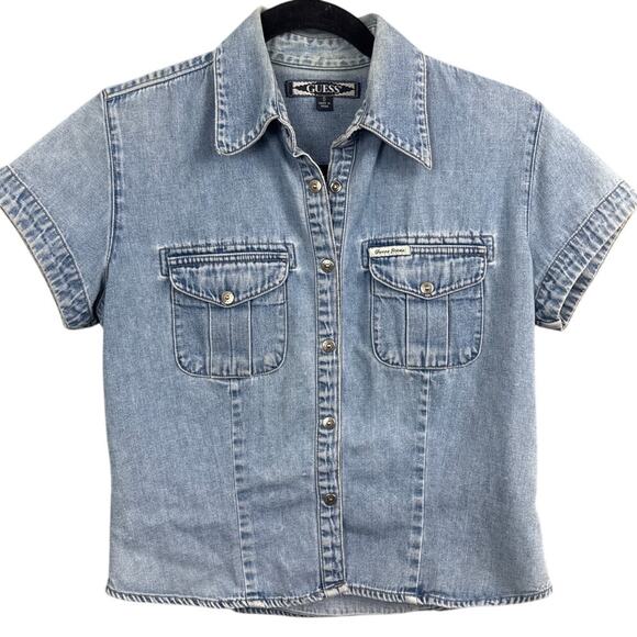 Y2K Guess U.S.A. Women's Denim Snap Front Collared Shirt Pockets Vintage Size S - Picture 1 of 8